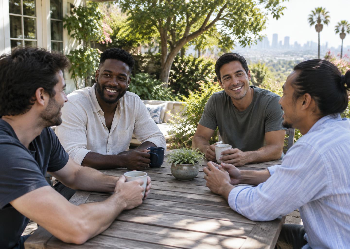 Illustrative scene of men sharing conversation and coffee outdoors